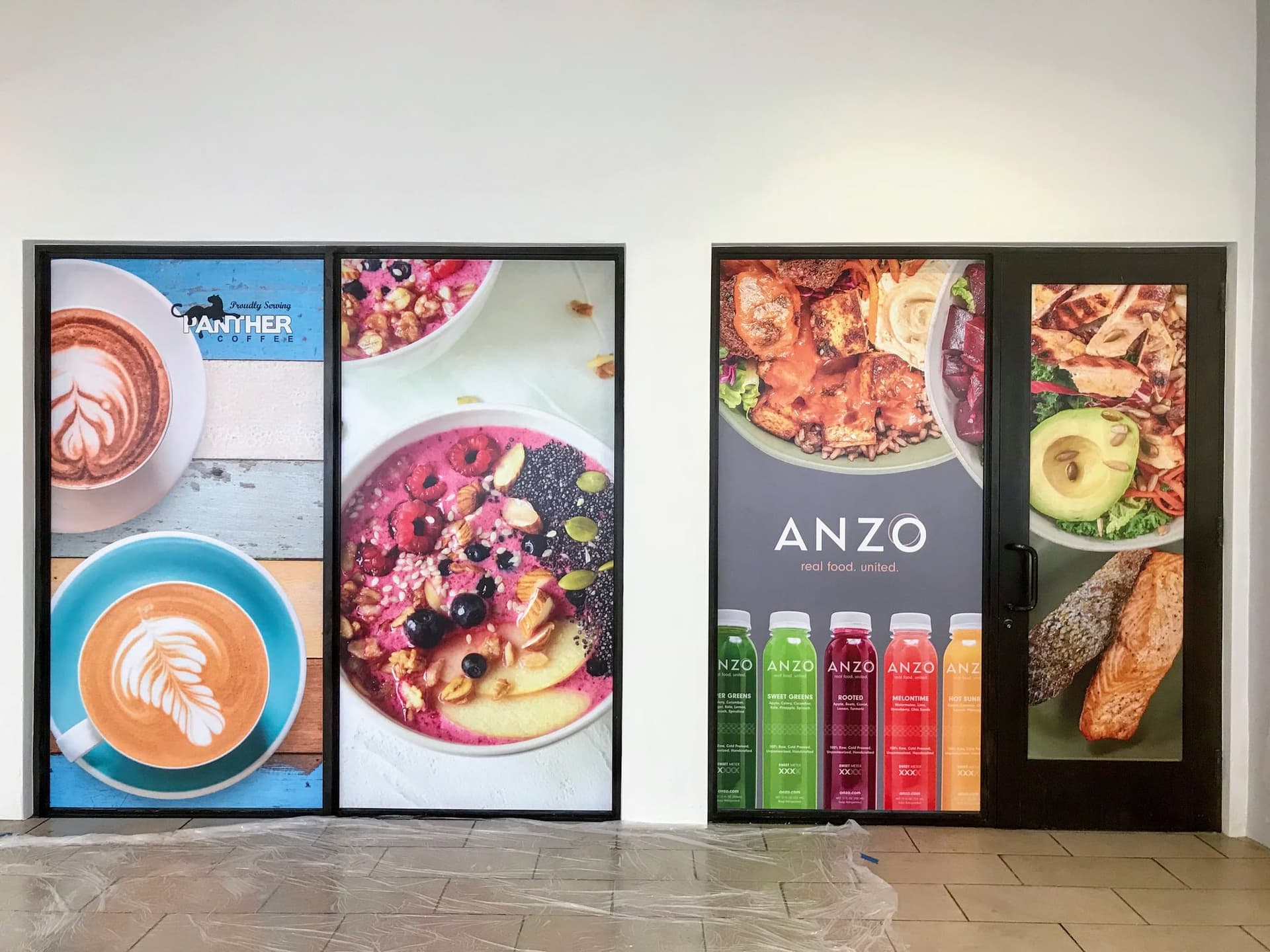 Full-colour window and door graphics for a Mediterranean kitchen for ANZO Mediterranean Kitchen, Palm Beach Gardens, FL