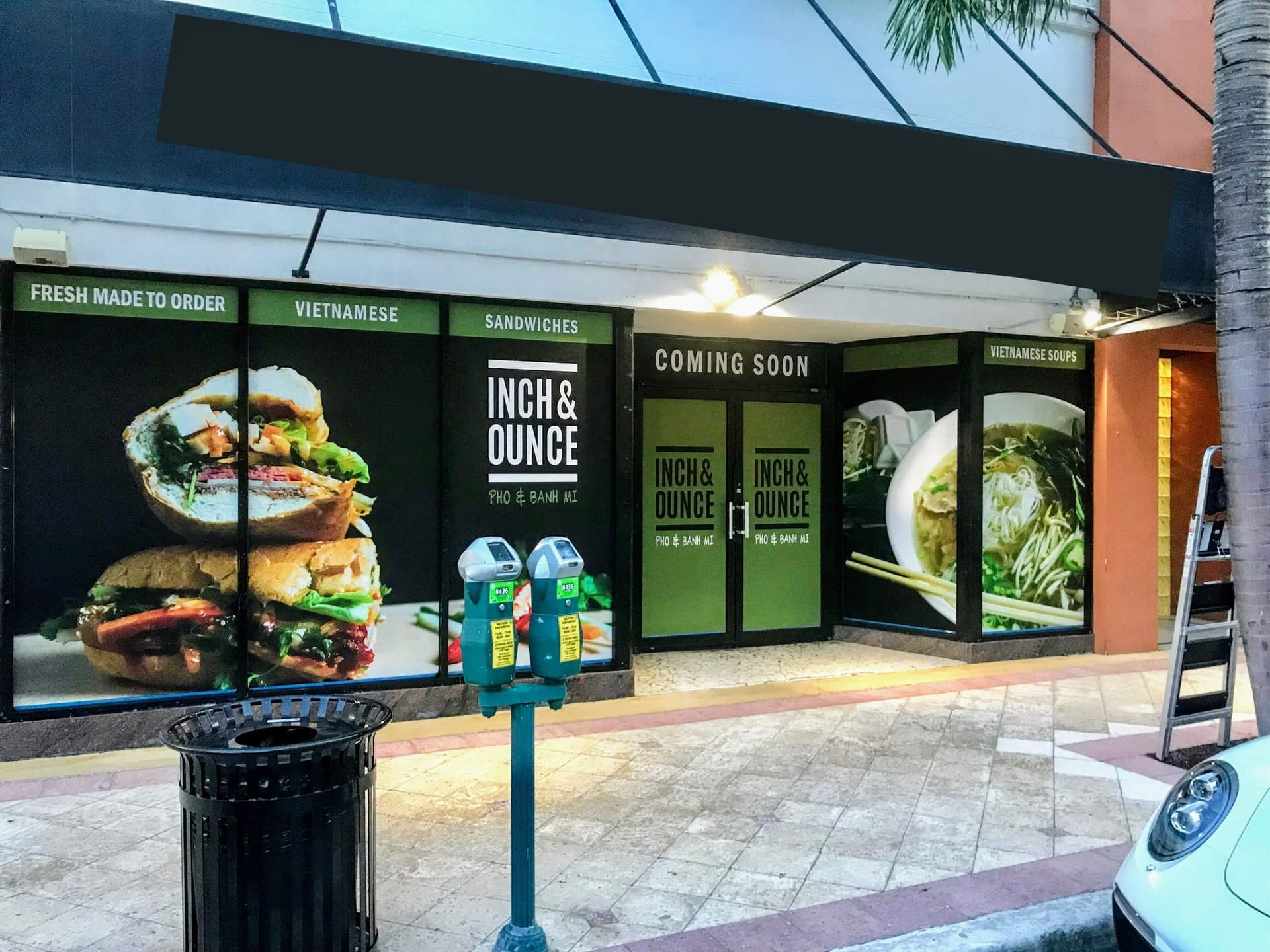 Full storefront window graphics for a pho and banh mi opening for Inch & Ounce, West Palm Beach, FL