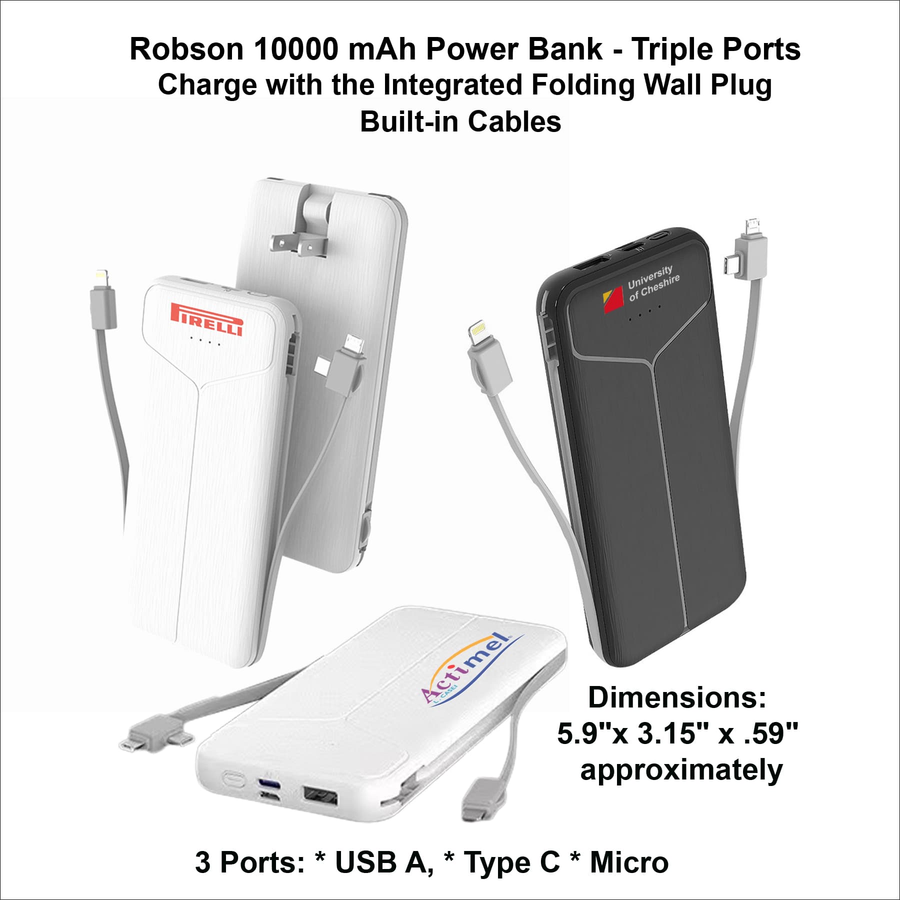 Robson 10000 mAh Power Bank - Triple Ports, Integrated Wall Plug, Built in Cables