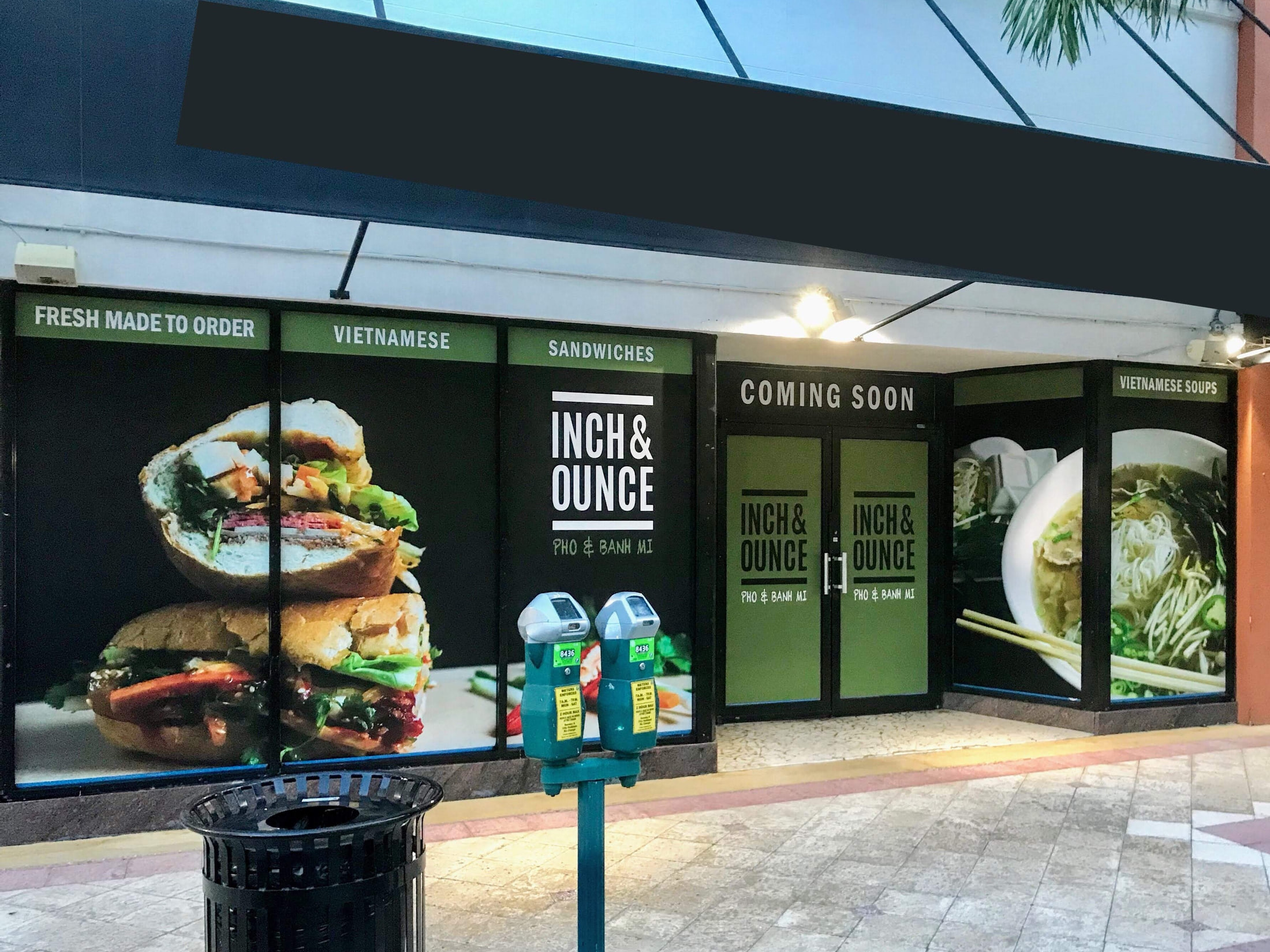 Full storefront window graphics for a pho and banh mi opening for Inch & Ounce, West Palm Beach, FL