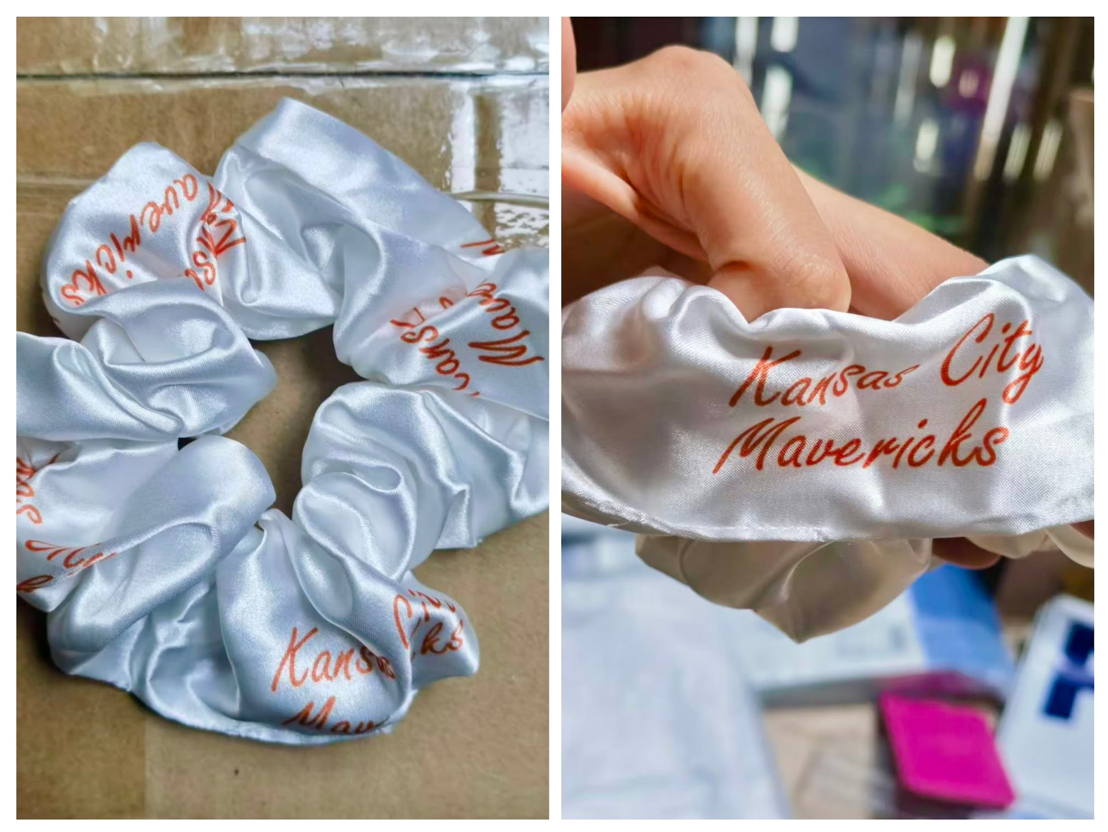 Satin scrunchies for a hockey club promotion for KC Mavericks Hockey
